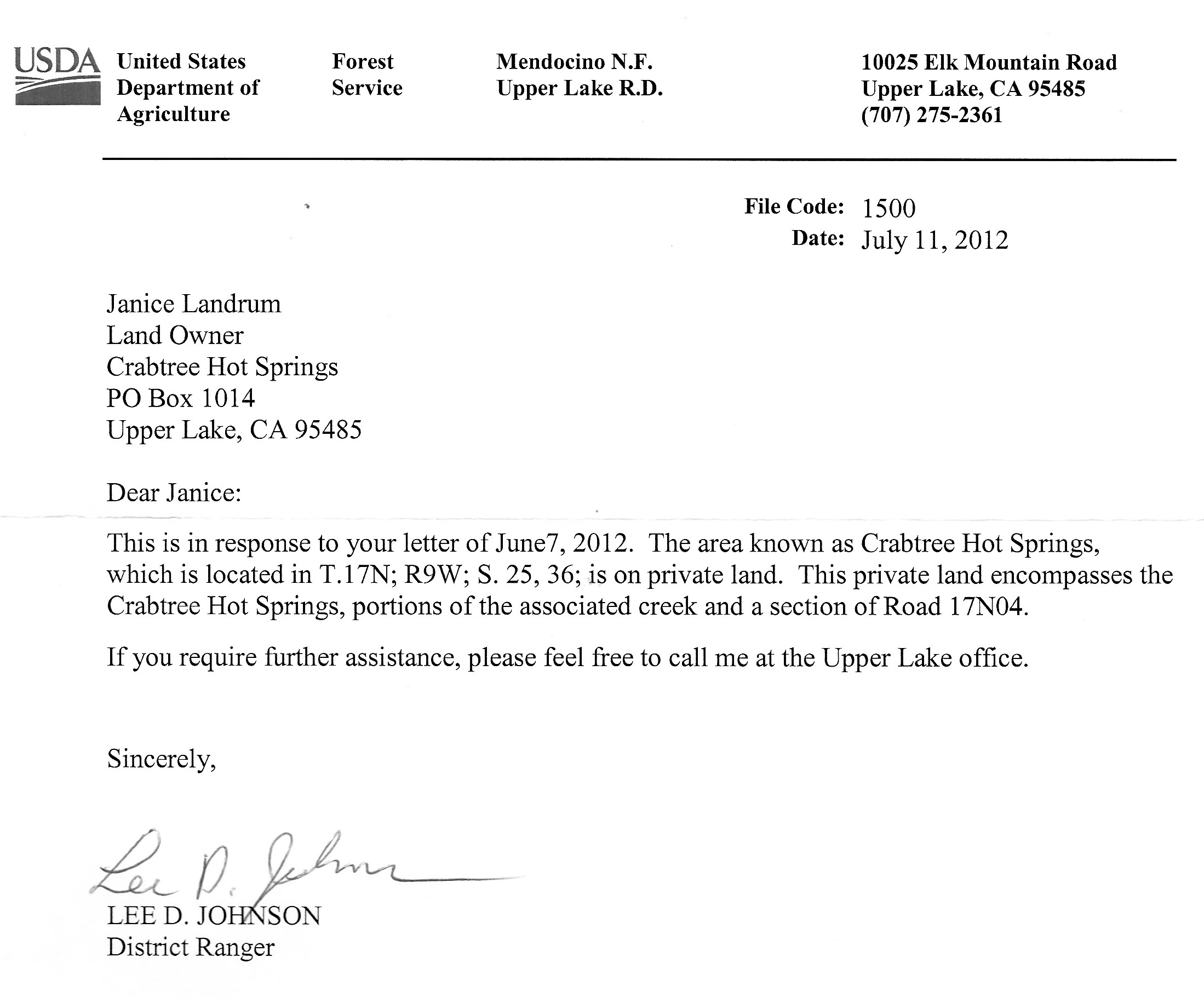 USDA Letter About Crabtree Hot Springs